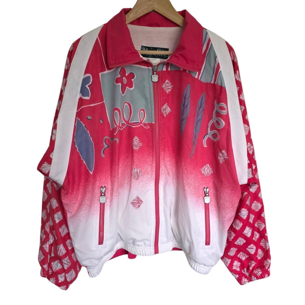 Vintage‎ Kaelin Pink Floral Full Zip Windbreaker Jacket Large Oversized